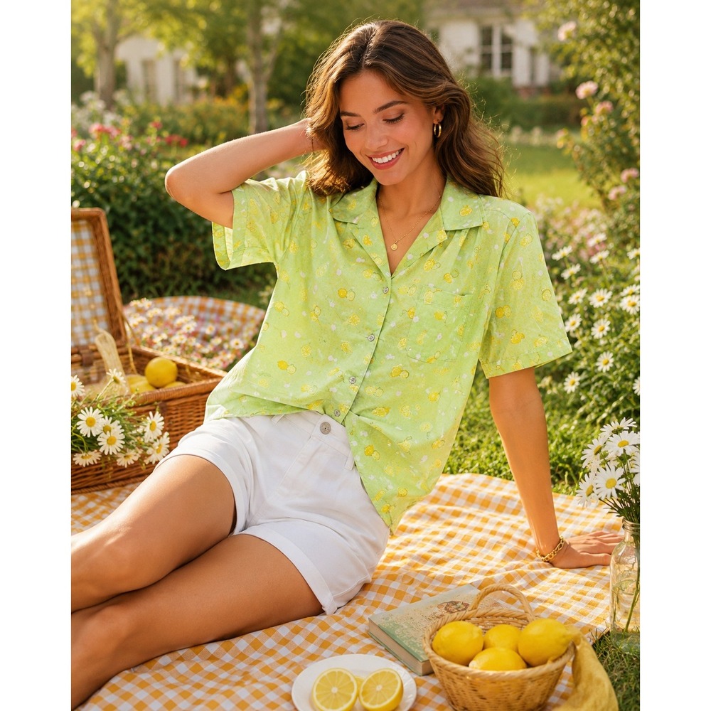 Karen Scott Lemon Daisy Lime Green Cotton Button Up Shirt XL‎ Shoulder Pads NWT